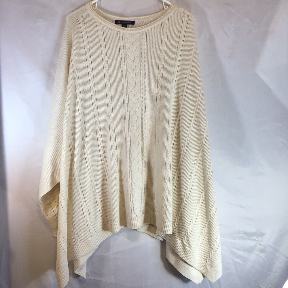 Brooks Brothers Cable Knit Poncho Wool Blend Cream old money coastal timeless